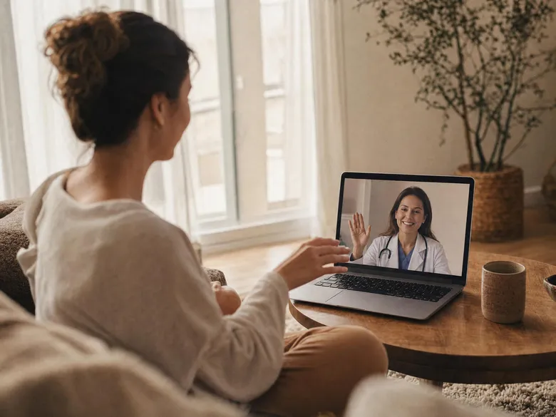 A woman sitting at home talking to a practitioner on a laptop video call