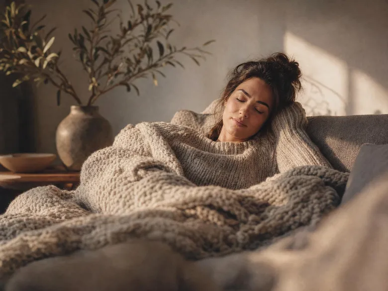 A woman resting under a knitted blanket on a sofa with her eyes closed