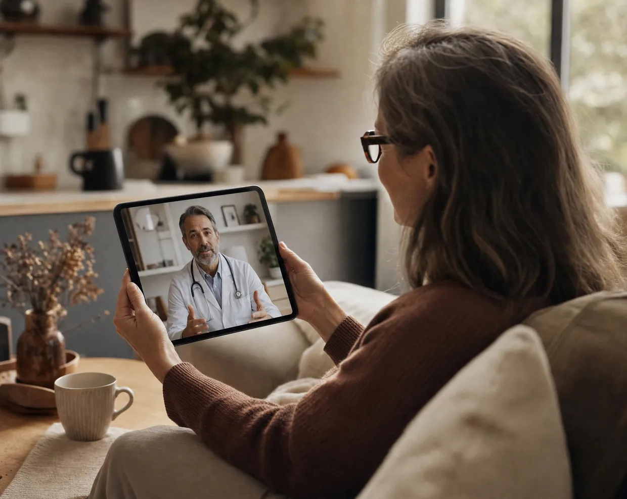 A woman speaking with a practitioner by video on her tablet at home