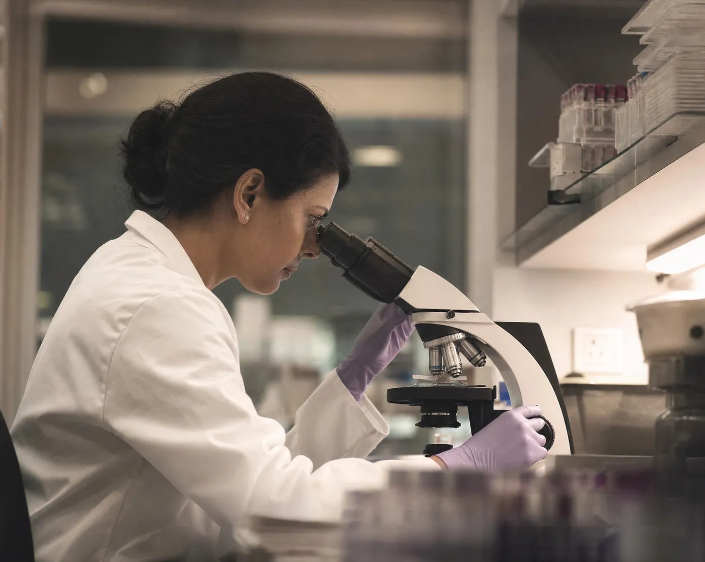 A scientist analysing pathology samples in a laboratory