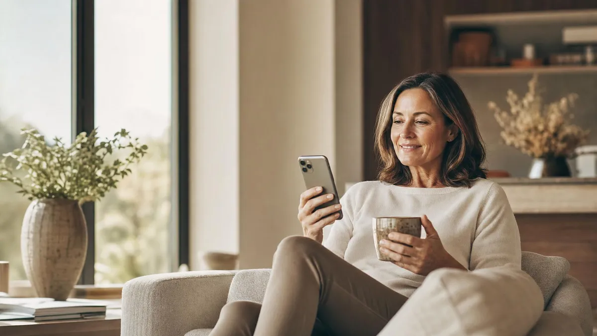A woman reading her phone at home
